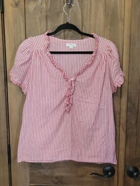 Max Studio Pink Striped Ruffle V-Neck Blouse